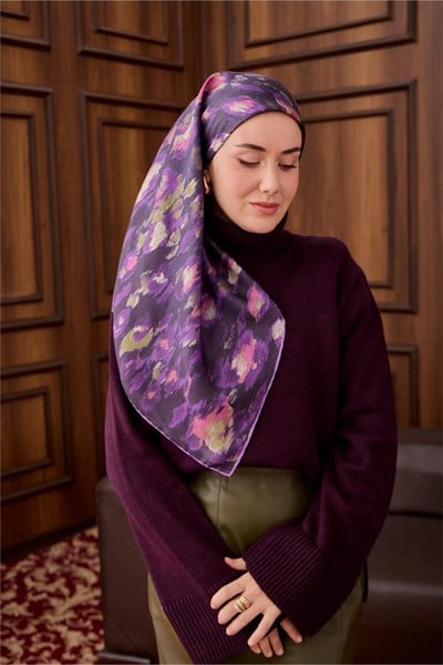 Twill İpek Eşarp Koyu Mor-Violet Desenli Tok Duruşlu 90X90