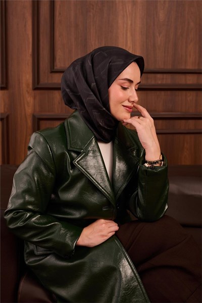 Twill İpek Eşarp Koyu Yeşil–Yeşil–Yeşil Gri Desenli Tok Duruşlu 90X90