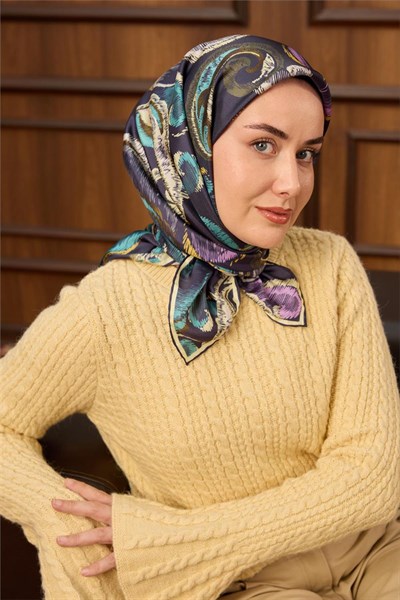 Twill İpek Eşarp Morcivert-Butter Desenli Tok Duruşlu 90X90