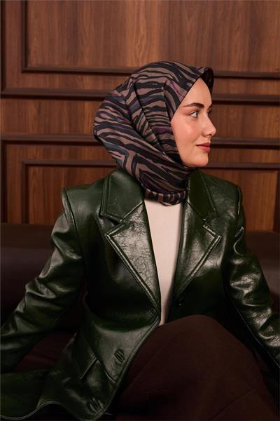 Twill İpek Eşarp Petrol Yeşili Erguvan Geometrik Desenli Tok Duruşlu 90x90