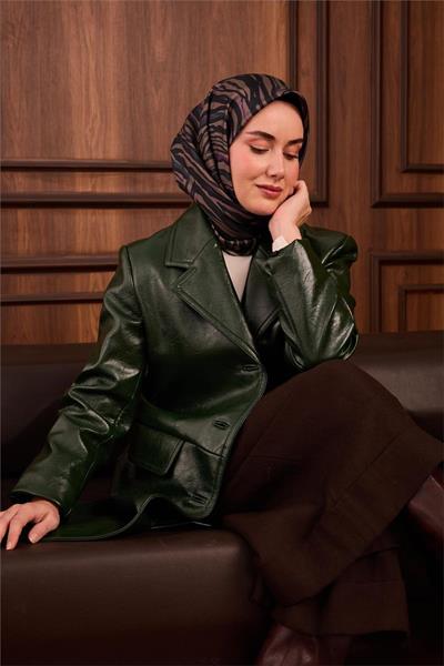 Twill İpek Eşarp Petrol Yeşili Erguvan Geometrik Desenli Tok Duruşlu 90x90