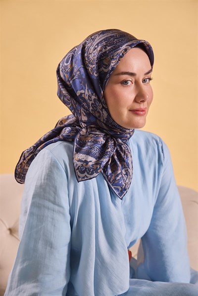 Twill İpek Eşarp Royale Şal Desen Lacivert 90x90