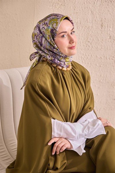 Twill İpek Eşarp Royale Şal Desen Yağ Yeşili 90x90