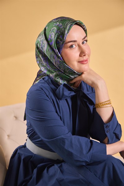 Twill İpek Eşarp Royale Şal Desen Yeşil 90x90