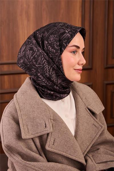 Twill İpek Eşarp Siyah Füme Çiçek Desenli Tok Duruşlu 90x90