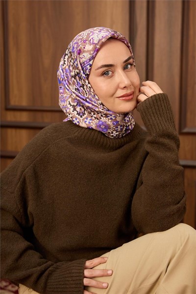 Twill İpek Eşarp Vizon–Mor Desenli Tok Duruşlu Kaymaz 90X90