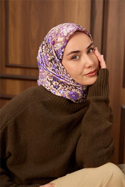 Twill İpek Eşarp Vizon–Mor Desenli Tok Duruşlu Kaymaz 90X90