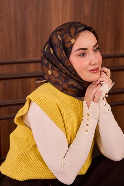 Twill İpek Eşarp Yeşil Hardal Kehribar Papatya Desenli Tok Duruşlu 90x90