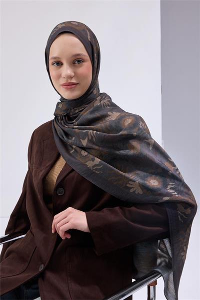 Viskon Mayda Şal Antrasit Zeminli Kahve Tonlu Desenli Yumuşak Dokulu 190x70