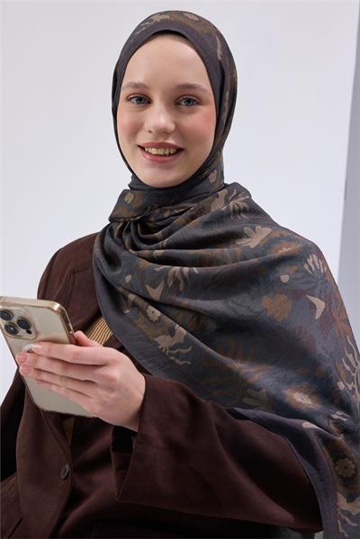 Viskon Mayda Şal Antrasit Zeminli Kahve Tonlu Desenli Yumuşak Dokulu 190x70