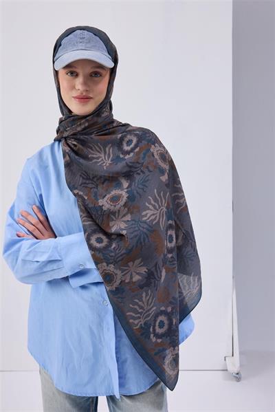 Viskon Karışımlı Mayda Şal Çelik Mavi-İndigo Desenli Tok Duruşlu 190x70