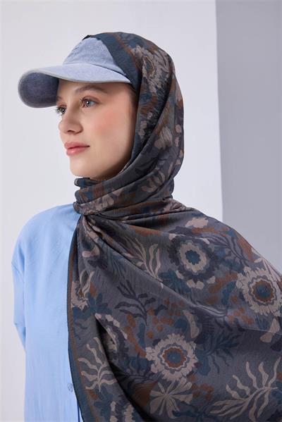 Viskon Karışımlı Mayda Şal Çelik Mavi-İndigo Desenli Tok Duruşlu 190x70