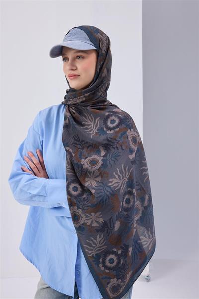 Viskon Karışımlı Mayda Şal Çelik Mavi-İndigo Desenli Tok Duruşlu 190x70