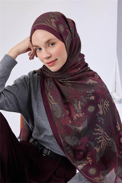 Viskon Karışımlı Mayda Şal Koyu Vizon-Vişne Desenli Tok Duruşlu 190x70