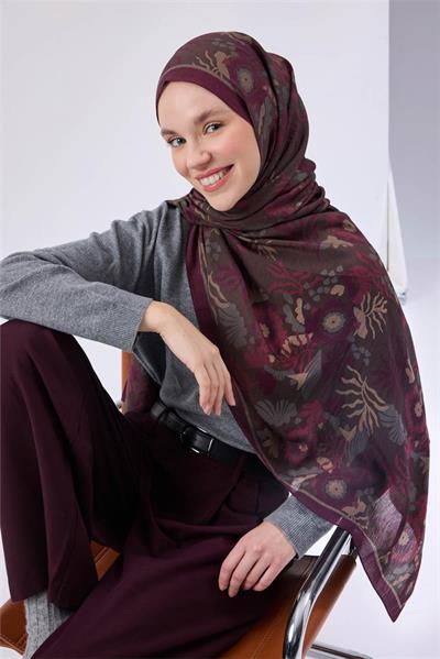 Viskon Karışımlı Mayda Şal Koyu Vizon-Vişne Desenli Tok Duruşlu 190x70