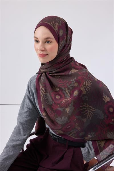 Viskon Karışımlı Mayda Şal Koyu Vizon-Vişne Desenli Tok Duruşlu 190x70