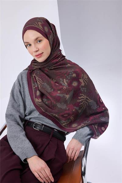 Viskon Karışımlı Mayda Şal Koyu Vizon-Vişne Desenli Tok Duruşlu 190x70