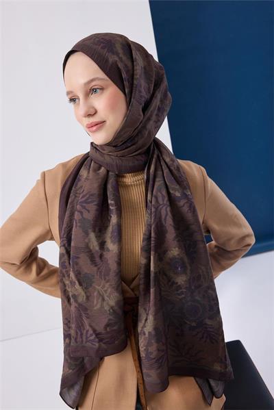 Viskon Karışımlı Mayda Şal Koyu Vizon-Kahverengi Desenli Tok Duruşlu 190x70