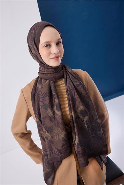 Viskon Karışımlı Mayda Şal Koyu Vizon-Kahverengi Desenli Tok Duruşlu 190x70