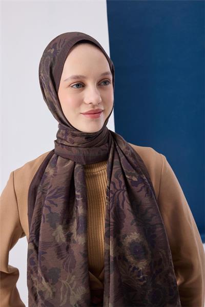 Viskon Karışımlı Mayda Şal Koyu Vizon-Kahverengi Desenli Tok Duruşlu 190x70