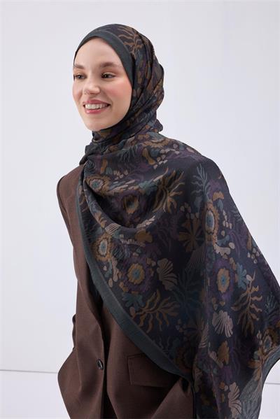 Viskon Mayda Şal Lacivert Zeminli Çok Renkli Desenli Yumuşak Dokulu 190x70