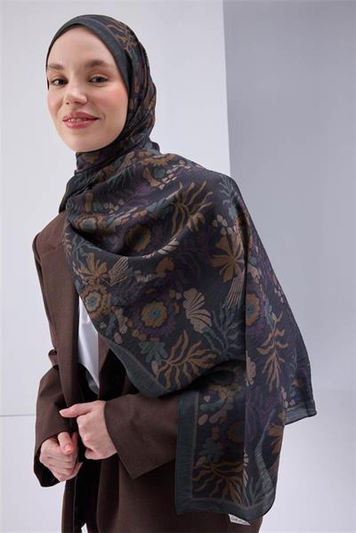 Viskon Mayda Şal Lacivert Zeminli Çok Renkli Desenli Yumuşak Dokulu 190x70