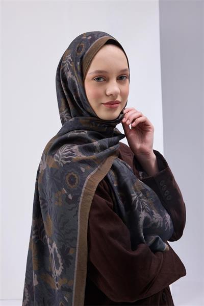 Viskon Karışımlı Mayda Şal Petrol Yeşili-Lacivert Desenli Tok Duruşlu 190x70