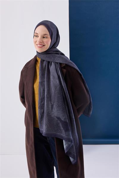 Viskon Mayda Şal Gece Mavisi Zeminli Metalik Gri Tonlu Dökümlü Yumuşak Dokulu 190x70