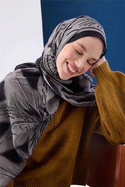 Viskon Mayda Şal Gri Zeminli Siyah Detaylı Desenli Yumuşak Dokulu Dökümlü 190x70