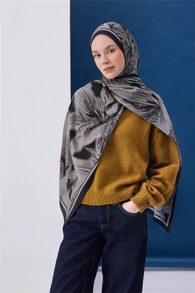 Viskon Mayda Şal Gri Zeminli Siyah Detaylı Desenli Yumuşak Dokulu Dökümlü 190x70