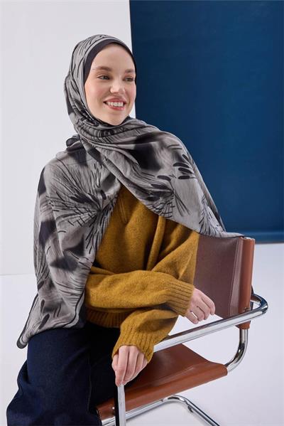 Viskon Mayda Şal Gri Zeminli Siyah Detaylı Desenli Yumuşak Dokulu Dökümlü 190x70