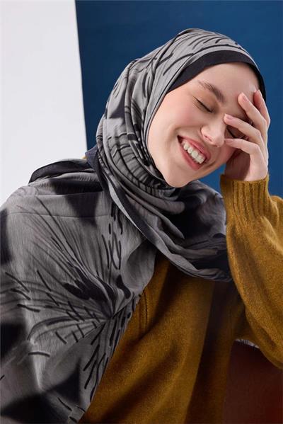 Viskon Mayda Şal Gri Zeminli Siyah Detaylı Desenli Yumuşak Dokulu Dökümlü 190x70