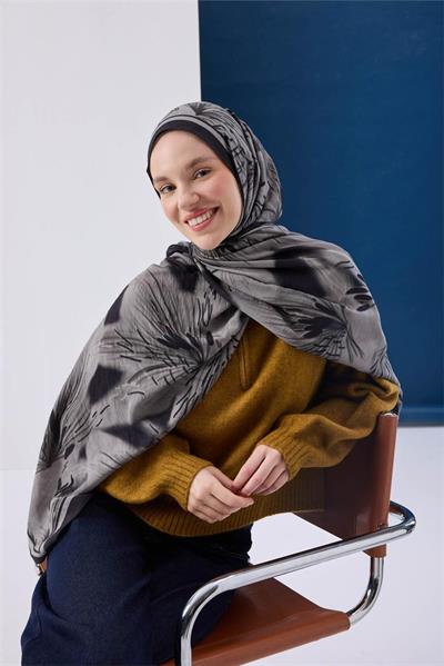 Viskon Mayda Şal Gri Zeminli Siyah Detaylı Desenli Yumuşak Dokulu Dökümlü 190x70
