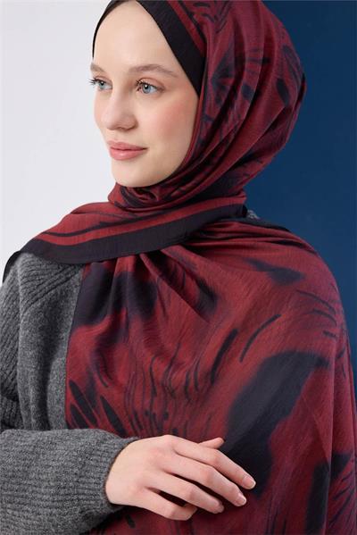 Viskon Mayda Şal Kırmızı Zeminli Siyah Detaylı Desenli Yumuşak Dokulu 190x70