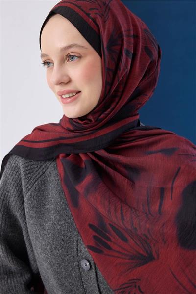 Viskon Mayda Şal Kırmızı Zeminli Siyah Detaylı Desenli Yumuşak Dokulu 190x70
