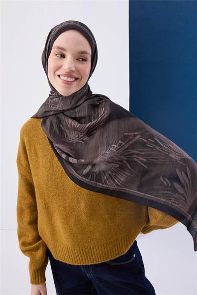 Viskon Mayda Şal Koyu Vizon Zeminli Siyah Detaylı Desenli Yumuşak Dokulu 190x70