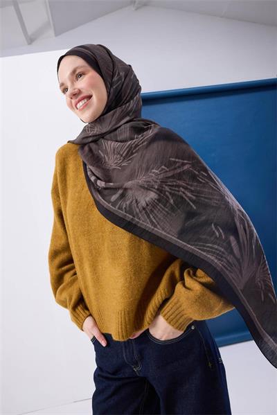 Viskon Mayda Şal Koyu Vizon Zeminli Siyah Detaylı Desenli Yumuşak Dokulu 190x70