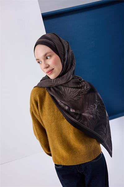 Viskon Mayda Şal Koyu Vizon Zeminli Siyah Detaylı Desenli Yumuşak Dokulu 190x70