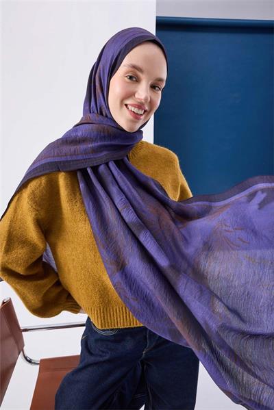 Viskon Mayda Şal Mor Zeminli Koyu Mor ve Sütlü Kahve Tonlu Desenli Yumuşak Dokulu 190x70