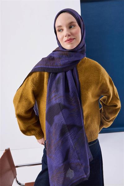 Viskon Mayda Şal Mor Zeminli Koyu Mor ve Sütlü Kahve Tonlu Desenli Yumuşak Dokulu 190x70