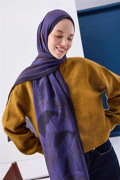 Viskon Mayda Şal Mor Zeminli Koyu Mor ve Sütlü Kahve Tonlu Desenli Yumuşak Dokulu 190x70