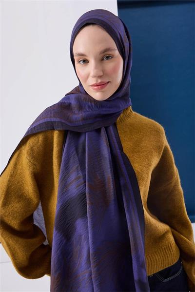 Viskon Mayda Şal Mor Zeminli Koyu Mor ve Sütlü Kahve Tonlu Desenli Yumuşak Dokulu 190x70