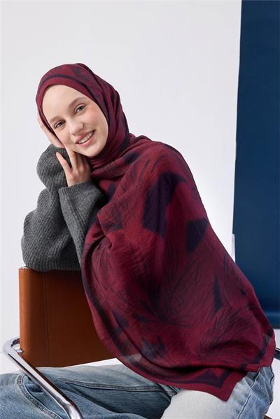 Viskon Mayda Şal Vişne Zeminli Siyah Detaylı Desenli Yumuşak Dokulu Dökümlü 190x70