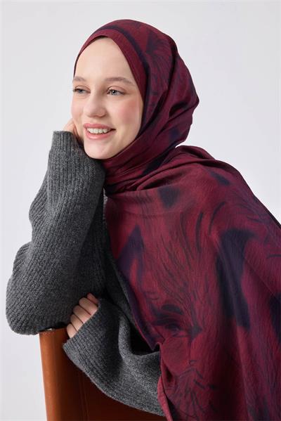 Viskon Mayda Şal Vişne Zeminli Siyah Detaylı Desenli Yumuşak Dokulu Dökümlü 190x70
