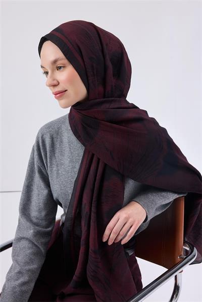 Viskon Mayda Şal Vişne Zeminli Siyah Tonlu Düz Dokulu Yumuşak Dökümlü 190x70