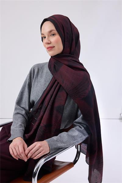 Viskon Mayda Şal Vişne Zeminli Siyah Tonlu Düz Dokulu Yumuşak Dökümlü 190x70