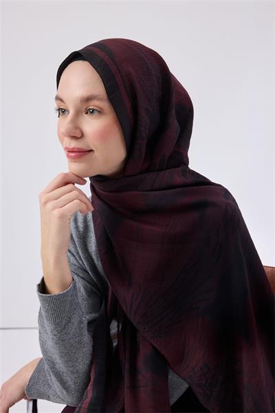 Viskon Mayda Şal Vişne Zeminli Siyah Tonlu Düz Dokulu Yumuşak Dökümlü 190x70