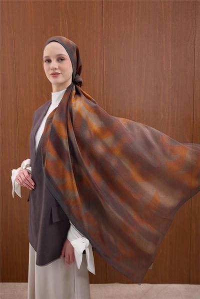 Viskon Mayda Şal Kahverengi-Turuncu Dalga Desenli Tok Duruşlu 190x70