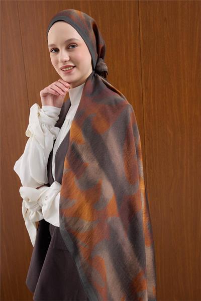 Viskon Mayda Şal Kahverengi-Turuncu Dalga Desenli Tok Duruşlu 190x70