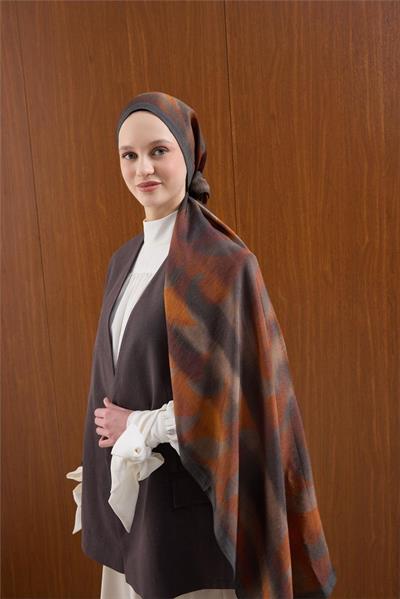Viskon Mayda Şal Kahverengi-Turuncu Dalga Desenli Tok Duruşlu 190x70